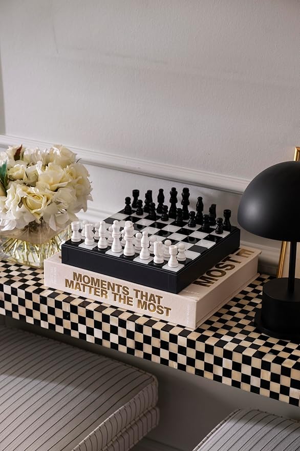 Printworks Art of Chess – Black &amp White Wooden Chess Set with Acrylic Board – Stylish Coffee Table Game for Adults – Multilingual Instructions Included