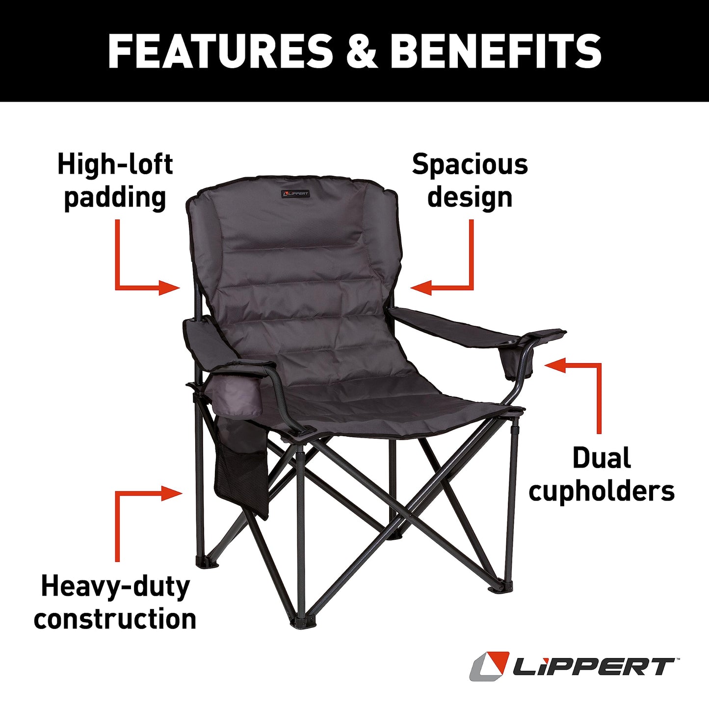 Lippert Campfire Deluxe Folding Chair - Mossy Oak Original Bottomland Camo, High-Loft, Foldable Cushion Chair, Dual Cup Holders, Durable 600D Outdoor Polyester Fabric, 500 lb. Capacity - 2023053729