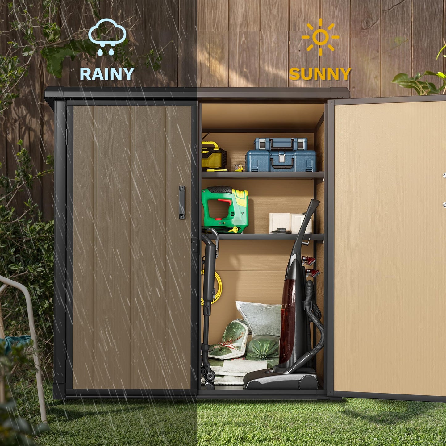 DWVO Outdoor Storage Shed 54 cuft with 2 Shelves, 4.2x2.6x5ft Vertical Tool Shed with Floor & Lockable Doors, Sturdy Double-Wall Plastic Cabinet for Garbage Cans and Garden Storage, Brown