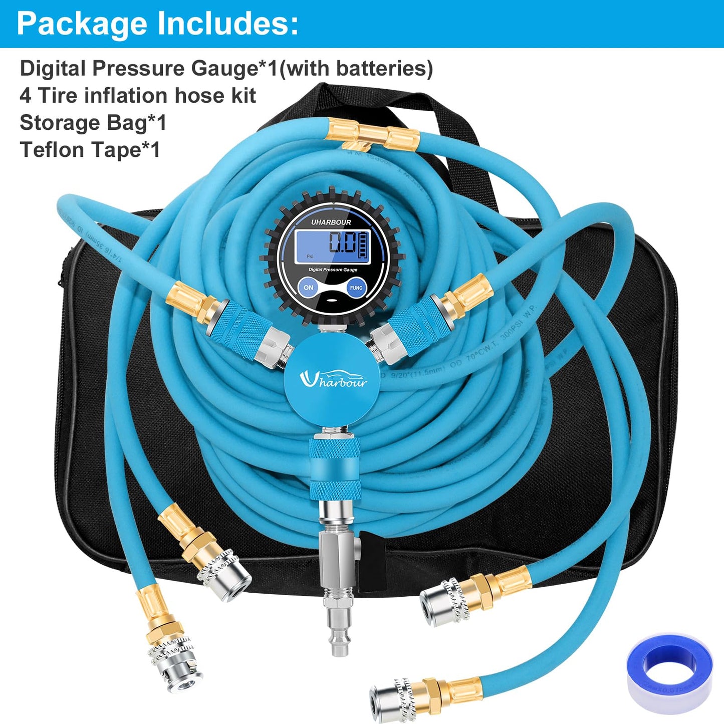 Uharbour 4 Tire Inflation Deflation System, 4 Tire Air Up Down System, 4 Tire Pressure Equalizer, Inflate or Deflate All 4 Tires at Once, Flexible Air Hose Fits Up to 155" Wheelbase.