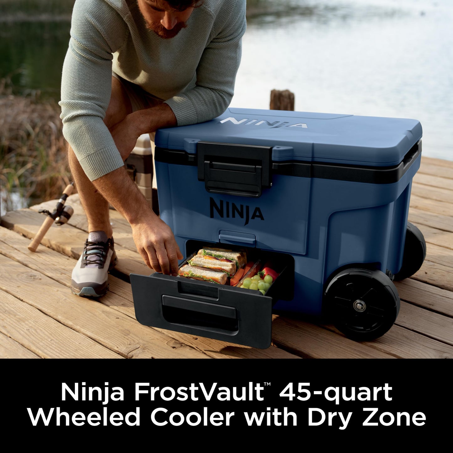 Ninja | Cooler | FrostVault 45QT Cooler with Wheels | Insulated with Temp Dry Storage Drawer | Keeps Ice Cold for Days | for the Beach, Camping, Picnics & More | Lakeshore Blue | FB245BL
