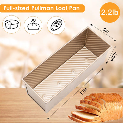 Spmarkt Bread Pan, 13 * 5inch Aluminized Steel Non-Stick Rectangle Pullman Loaf Pan with Lid, Long Sourdough Bread Loaf Pan for Homemade, Deep Bread Tin with Dough Scraper Cutter