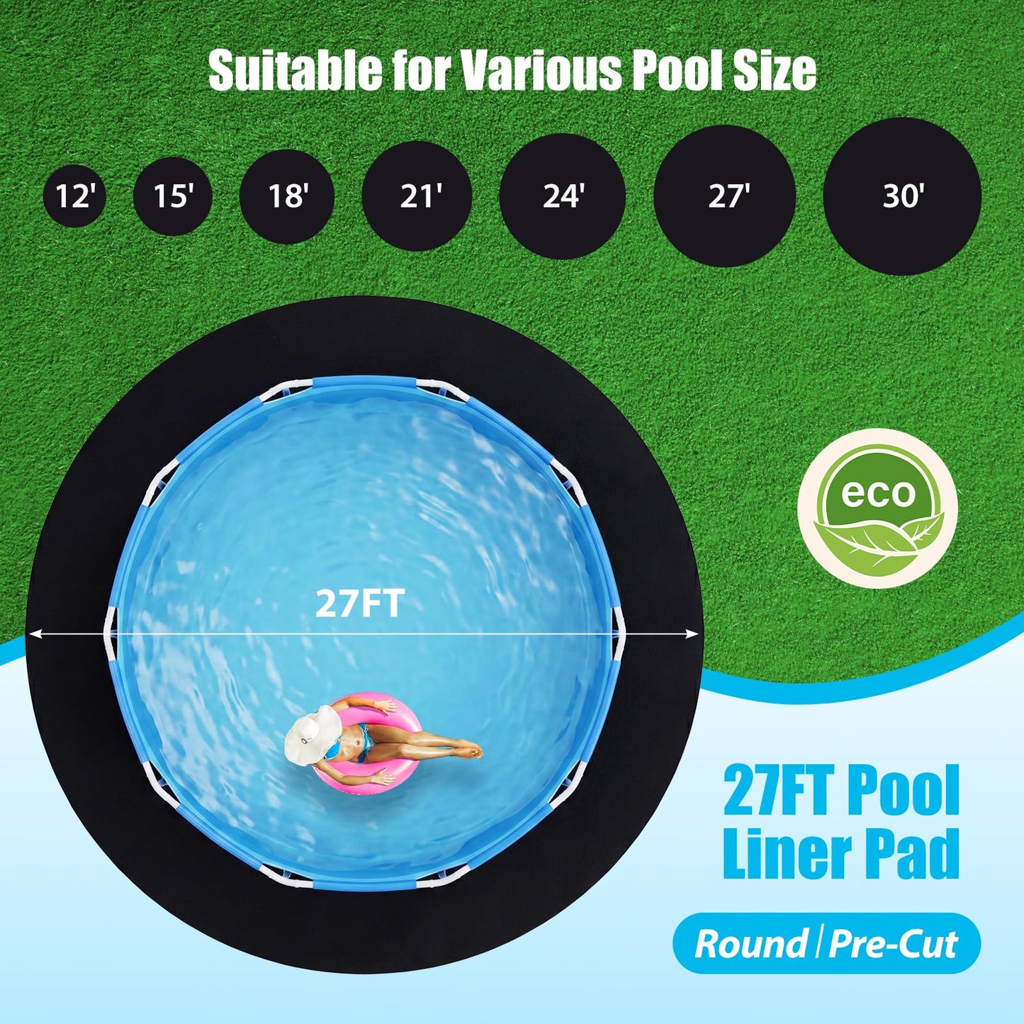 Winnergo 27 FT Round Pool Liner Pad for Above Ground Pools, Durable Pool Mat with Geotextile Material for Pool Bottom Strong Eco-Friendly Padding Under Pool Pad Protection,Prevents Punctures,Black
