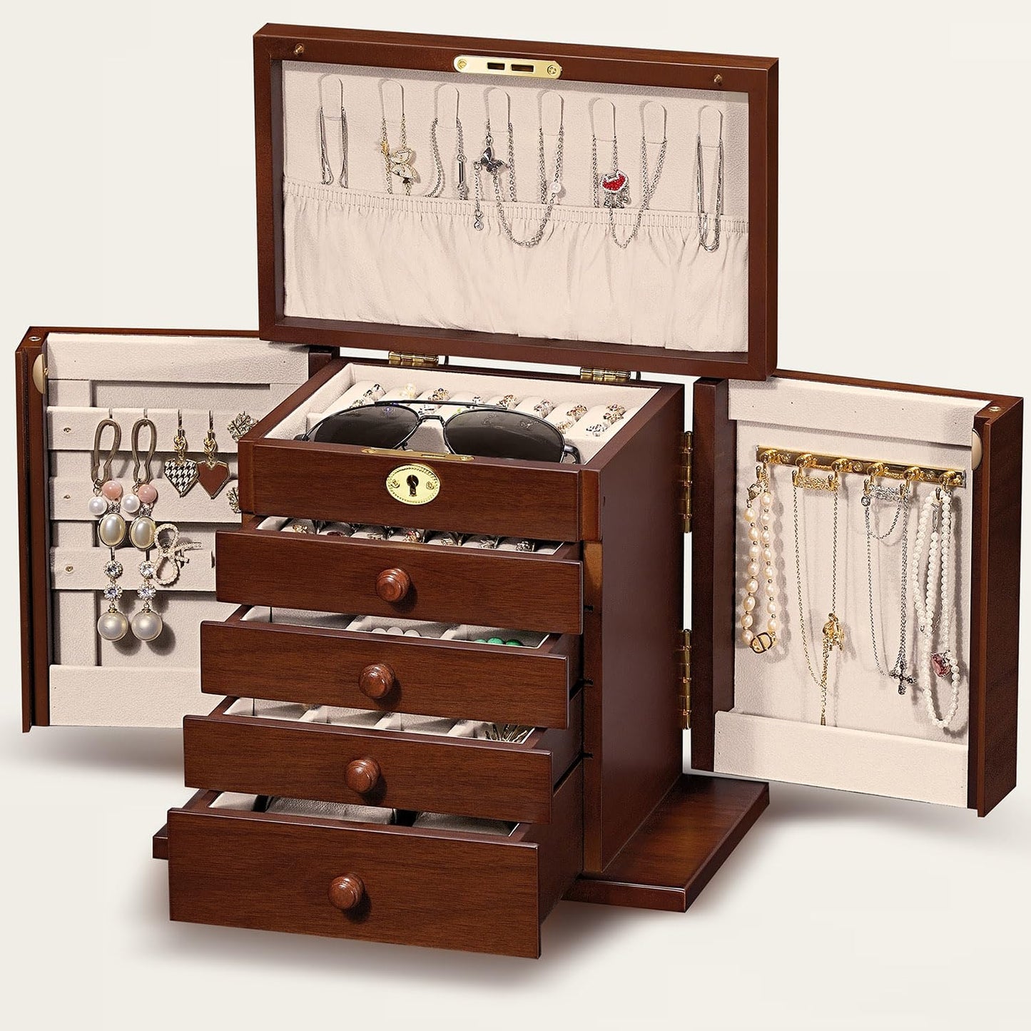 Artisticbox Lockable Wooden Jewelry Box for Women - 8-Layer Dresser Top Jewelry Boxes and Organizer with Key,Large Storage for Necklaces,Solid Wood Jewelry Organizers with Necklace Hooks