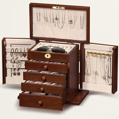 Artisticbox Lockable Wooden Jewelry Box for Women - 8-Layer Dresser Top Jewelry Boxes and Organizer with Key,Large Storage for Necklaces,Solid Wood Jewelry Organizers with Necklace Hooks