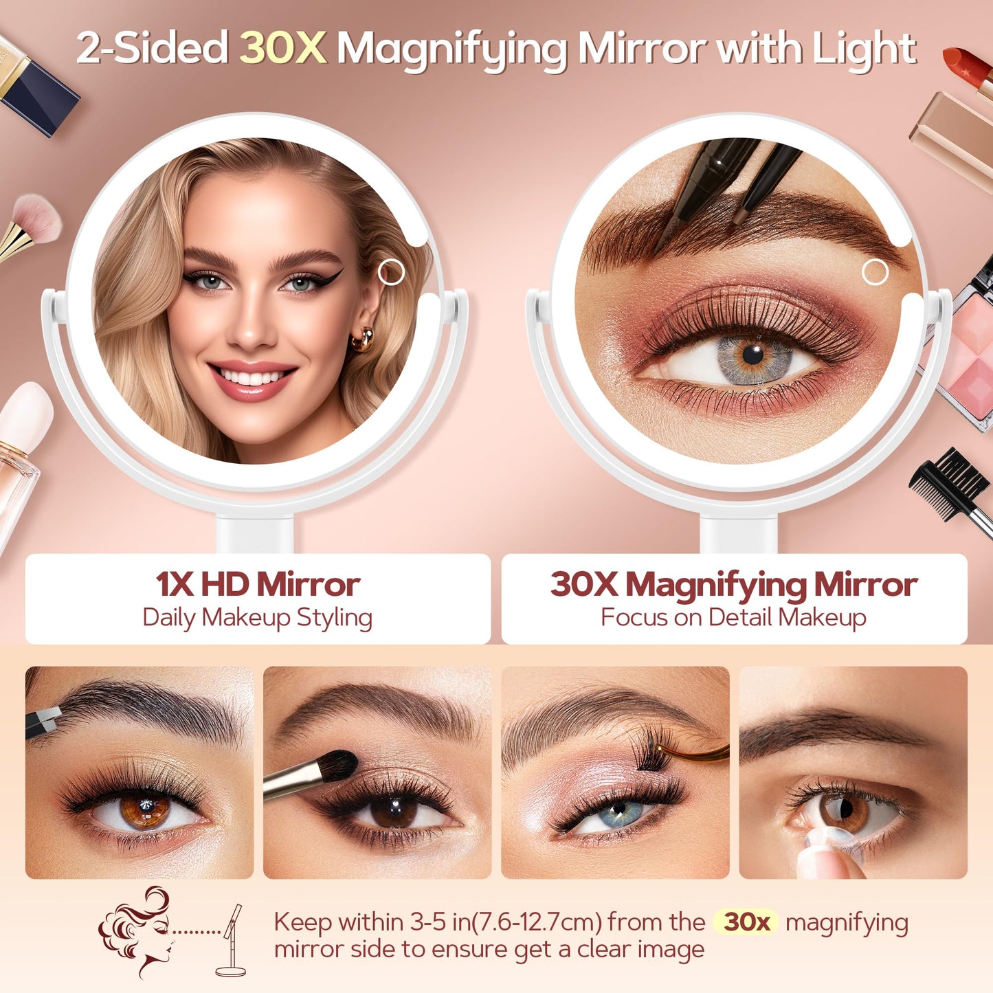 B Beauty Planet Makeup Mirror with Lights, Lighted Magnifying Mirror 30X with 3 Lighting and Adjustable Brightness, 2-Sided Height Adjustable Vanity Mirror for Bathroom, Gifts for Women White
