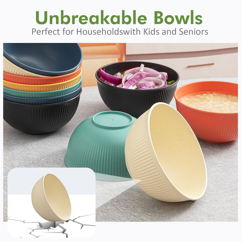 LIANGKEN 12-Pack of 24 oz Unbreakable Cereal Bowls, Reusable Plastic Lightweight Bowls, Made from Wheat Straw Fiber, Ideal for Salads, Soups, Ramen, Noodles, and Oatmeal