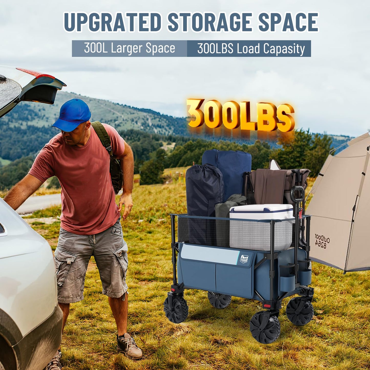 Timber Ridge Foldable Wagon 350L Extendable Height, Large Capasity Collapsible Wagon Cart with All Terrians Detachable Wheels, Compact Folding Utility Wagon for Camping, Fishing, Shopping Navy