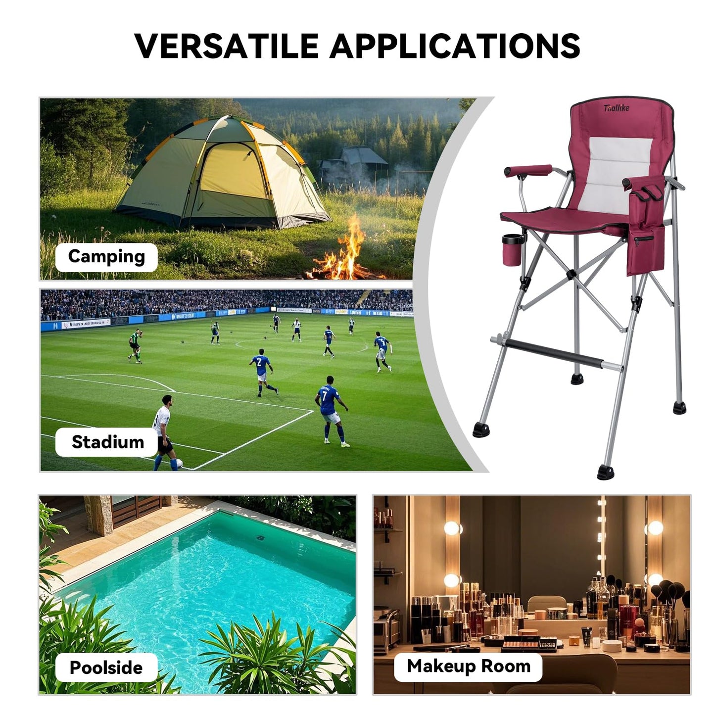 Thallike Foldable Directors Makeup Salon High Chair - Portable Camping Bar Height Folding Photoshoot Chairs with Stroage Bag Cup Holder Non-Slip Footrest, Supports 400 lbs Red Tall Director Chair