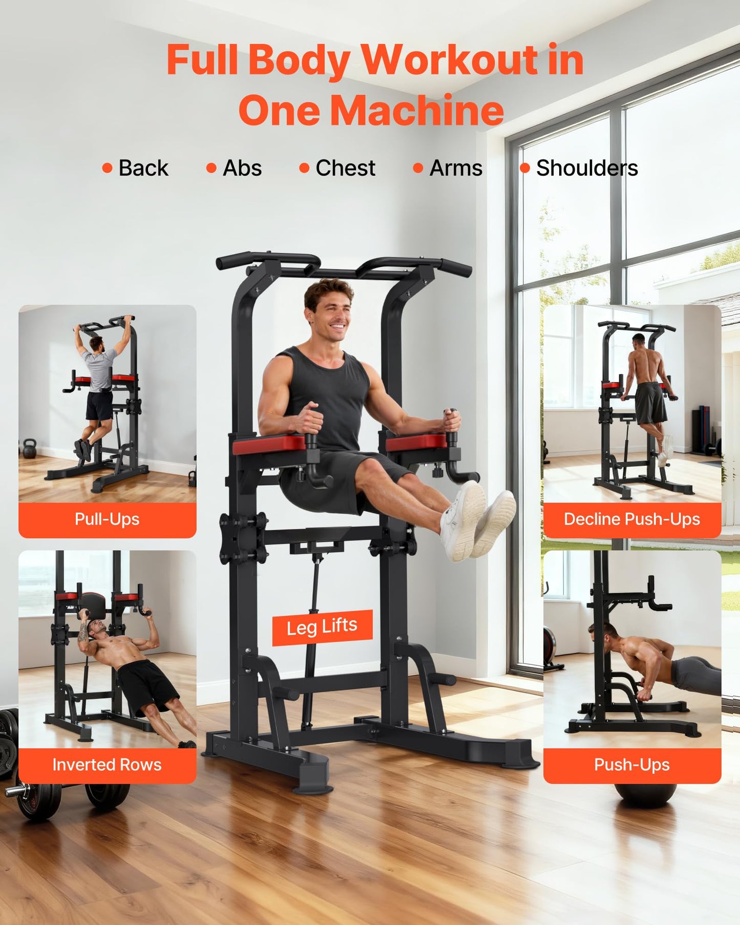 VEVOR Pull Up Bar, 330 LBS Power Tower Dip Station, Workout Dip Station with H-Shaped Stable Base & Assistance Platform, Adjustable 9 Level Height Pullup Stand for Back, 3-Level Adjustable Elbow Pads