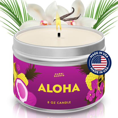 Park Scents Aloha Candle - Authentic Smell of The Hawaiian Aulani Resort Hotel Lobby - Soft Fruity Notes of Pineapple & Coconut - Handmade in The USA - Natural Soy Blend | 8 oz. Tin