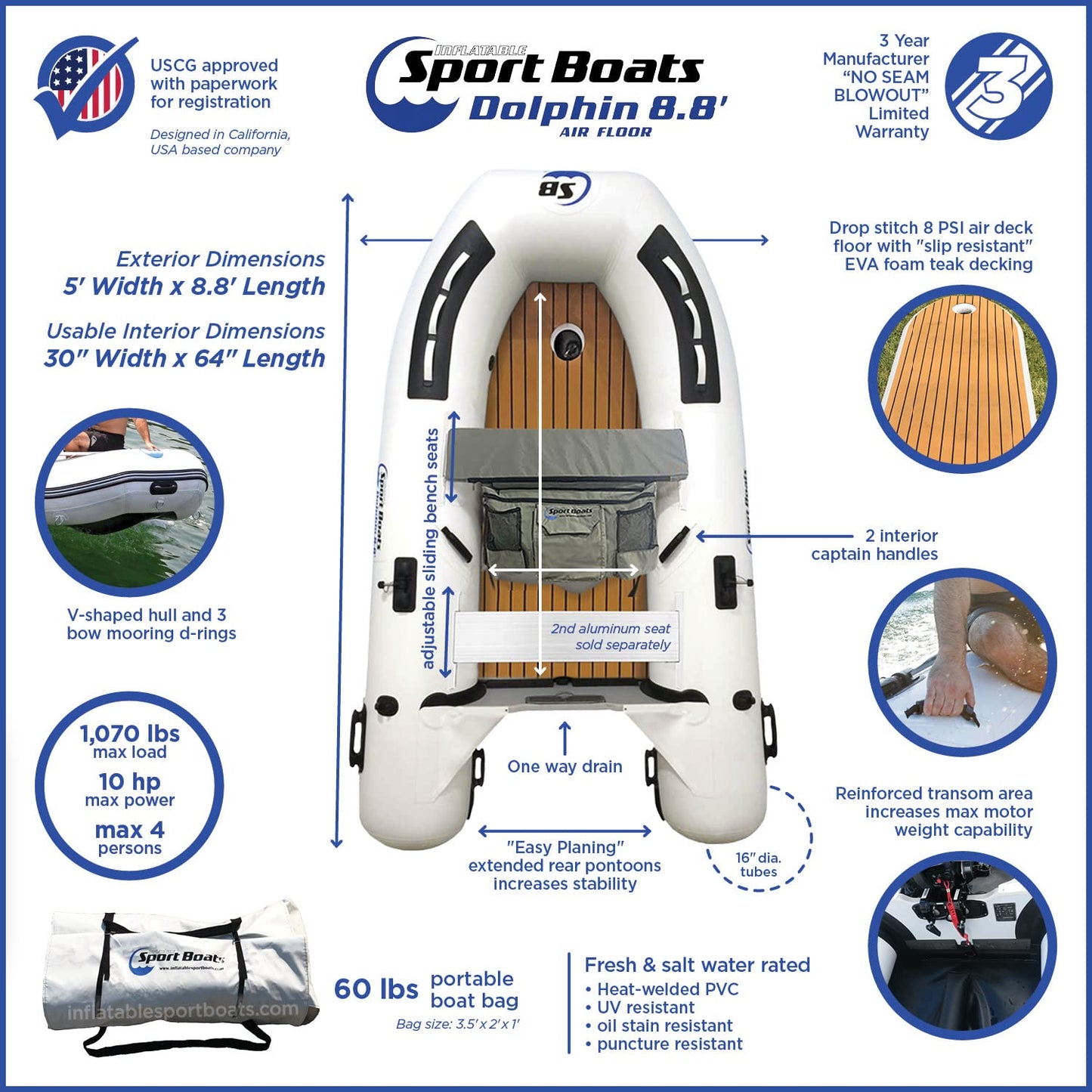 Inflatable Sport Boats Dolphin 8.8' – Fishing Boat with Durable Heat-Welded PVC – Inflatable Boat Easy Setup & Lightweight – 10HP Motor Compatibility – Includes Bench Seat & Carry Bag