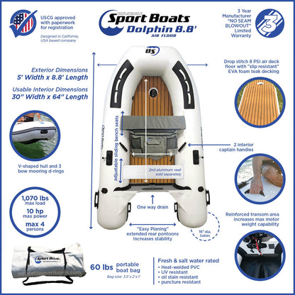 Inflatable Sport Boats Dolphin 8.8' – Fishing Boat with Durable Heat-Welded PVC – Inflatable Boat Easy Setup & Lightweight – 10HP Motor Compatibility – Includes Bench Seat & Carry Bag