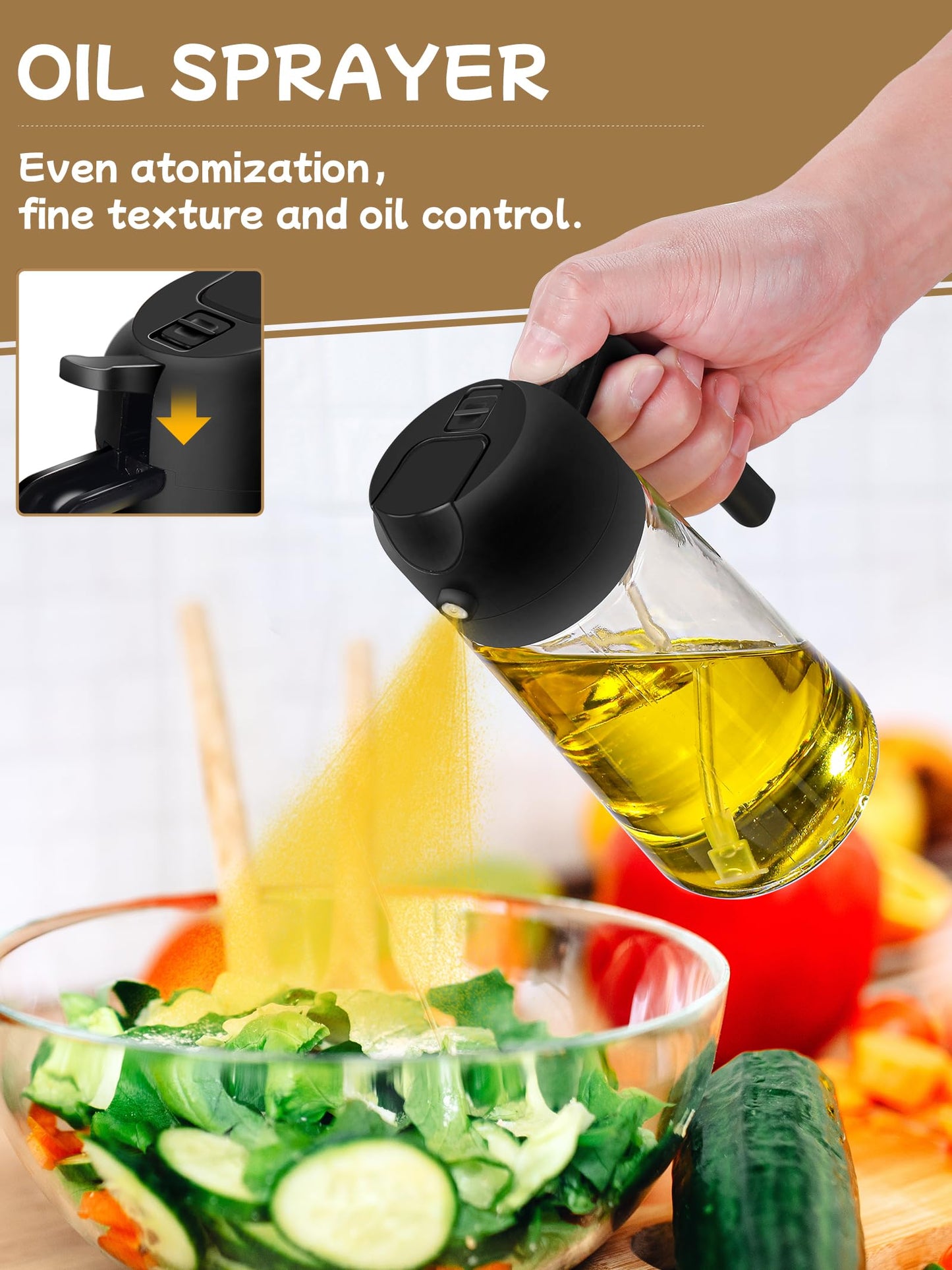 Oil Sprayer for Cooking 2pcs,2 in 1 Oil Dispenser and Oils Sprayer Kitchen Gadgets-16oz Glass Oils Spray Bottle,Mist Olive OilDispenser,Air Fryer,Salad,Grill (White Kitchen Accessories)