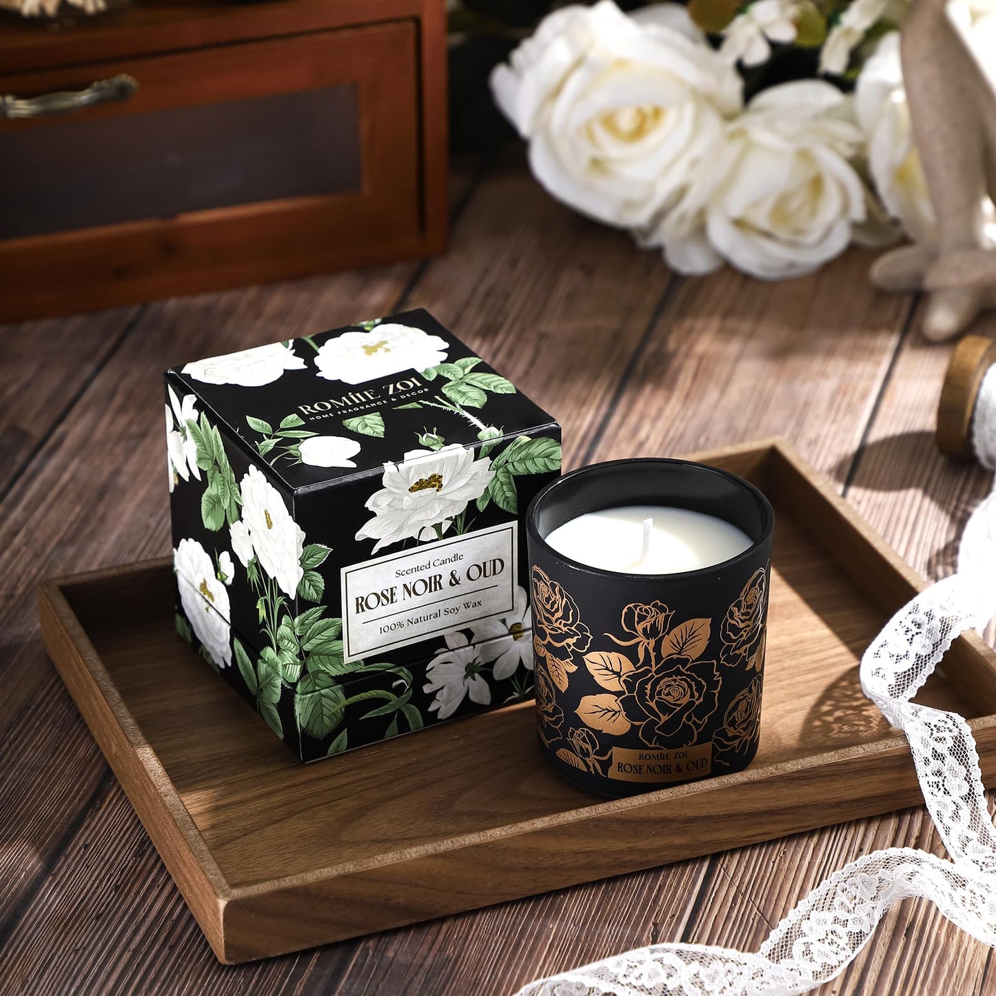 ROMIIE ZOI Scented Candle - Rose Noir & Oud- 6oz Aromatherapy Soy Wax Jar Candle for Home, Gifts for Women - 170g