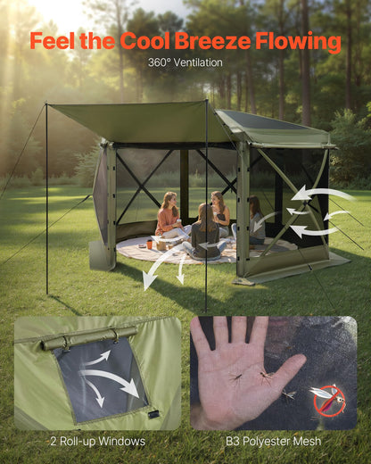 VEVOR Pop up Gazebo Screen Tent, 10 x 10 ft Large 6-Sided Camping Canopy Tent with Removable Top & Carry Bag, Quick-Set & Bite-Proof, Screen House Sun Shelter for 6-8 Persons Backyard Patio, Green