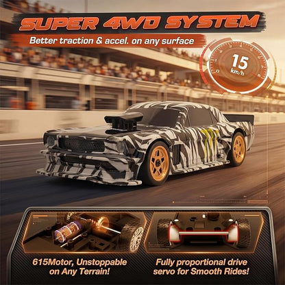 [4WD Edition 1/43 Scale Mini RC Drift Car Toys for Age 8-14 Old Birthday Gifts High Speed Racing Micro Small with Full Proportional RTR 2.4GHz Remote 2 Tire Sets 8 Cones - Camouflage
