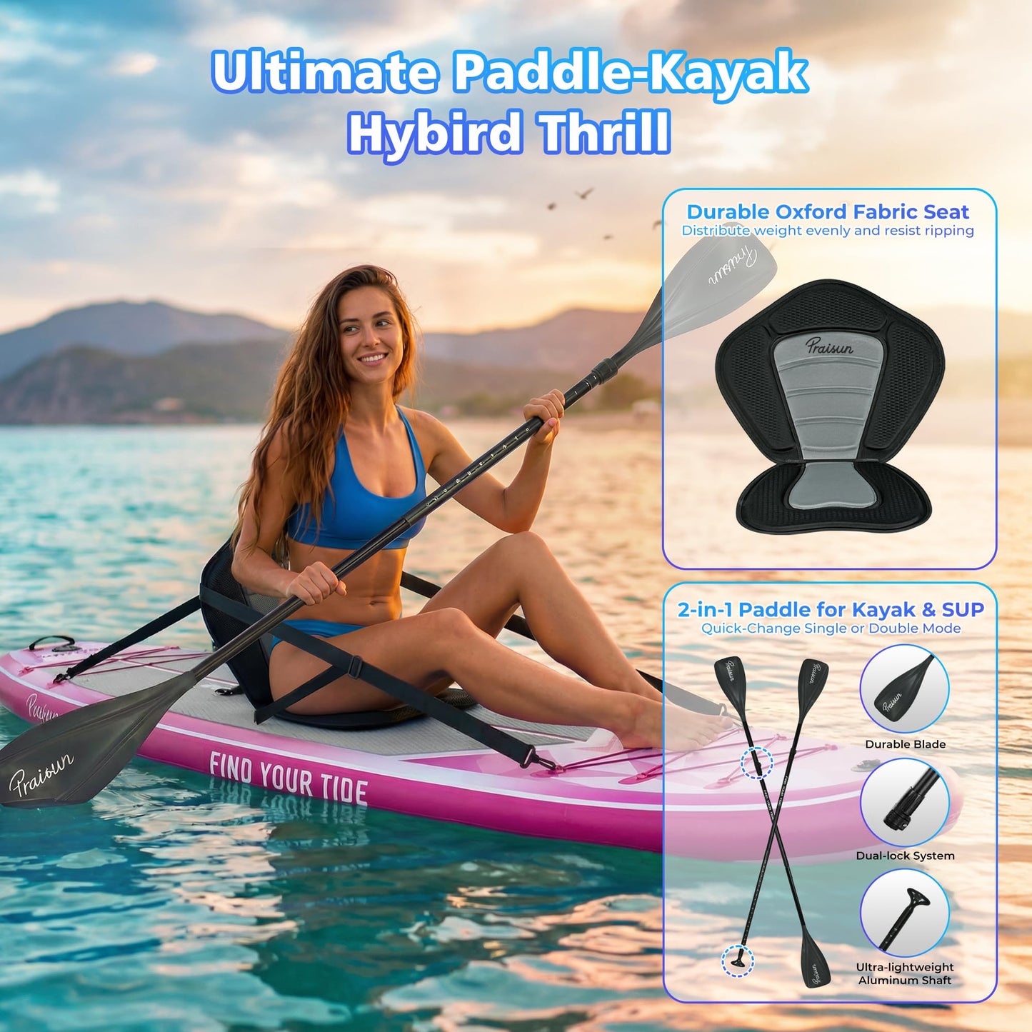 PRAISUN 12’ x 35” Inflatable Paddle Board, 450lbs Extra Wide Stand Up Paddleboard for Youth/Adults of All Skill Levels, Stable SUP with Seat & Full Kit, for Fishing, Yoga, Lake & Ocean, Pink