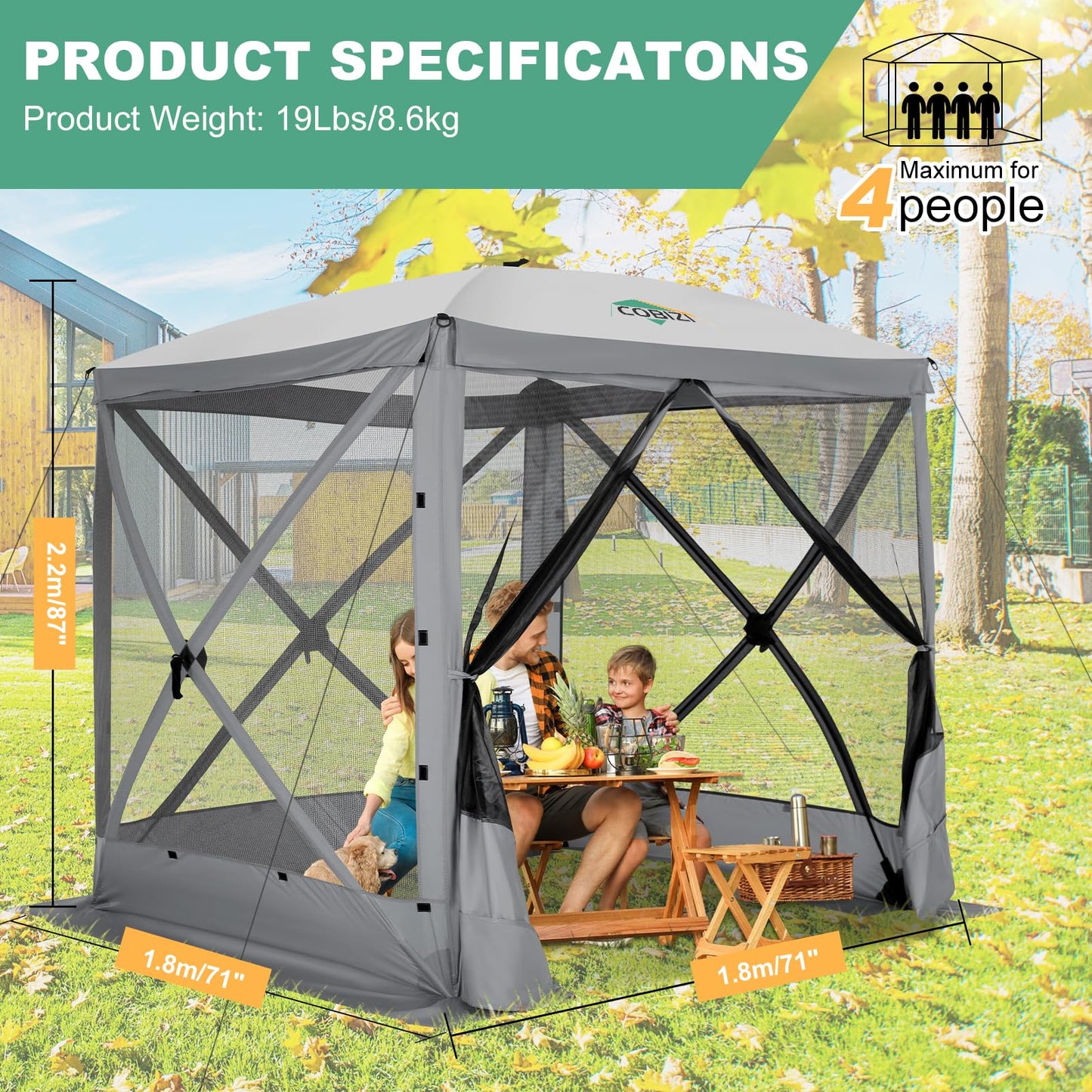 COBIZI 6x6 FT Pop up Gazebo, Popup Canopy Tent, Screened in Gazebos, Waterproof Portable Outdoor Small Screen Tents Sun Shelter,carpas para Patio for Camping, Garden and Backyard,Grey