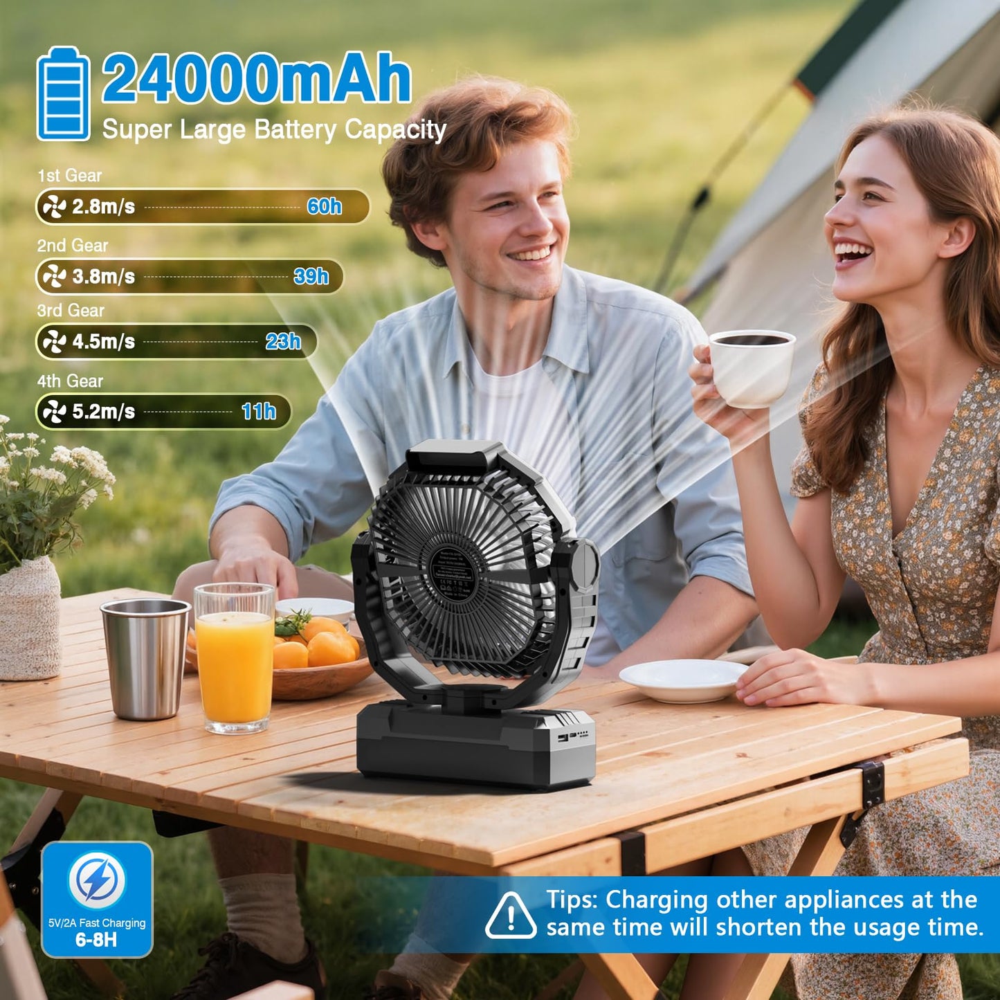 FRIZCOL 3-in-1 Camping Fan - Portable Fans Rechargeable - 24000mAh Battery Powered Fan with Light & Remote for Indoor, Outdoor, Tent, Travel, Fishing, Jobsite, Gifts for Men Dad Him - Black