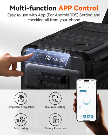 WOLFBOX 12V Car Refrigerator, 39 Quart Dual Zone Car Fridge, Portable Freezer(-8℉~68℉) with 12/24V DC 100/240V AC, APP Control Electric Cooler for Car, RV, Camping, Travel and Home Use