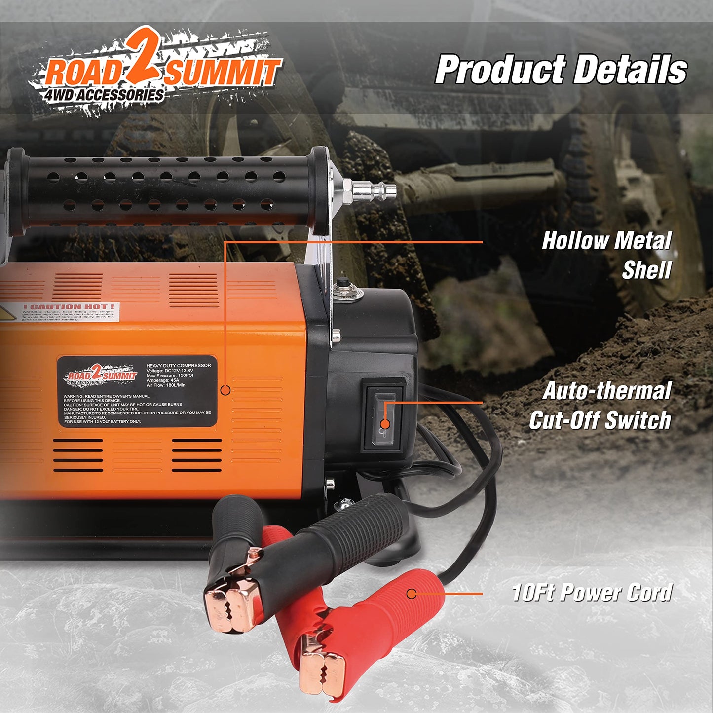 ROAD2SUMMIT Heavy Duty Portable 12V Air Compressor Kit Inflate 6.35CFM (180L/ Min), Max 150PSI, Off-Road Air Compressor Kit for 4x4 Vehicle RV, Air Pump for ATVS Tire, for Car and SUV Tire
