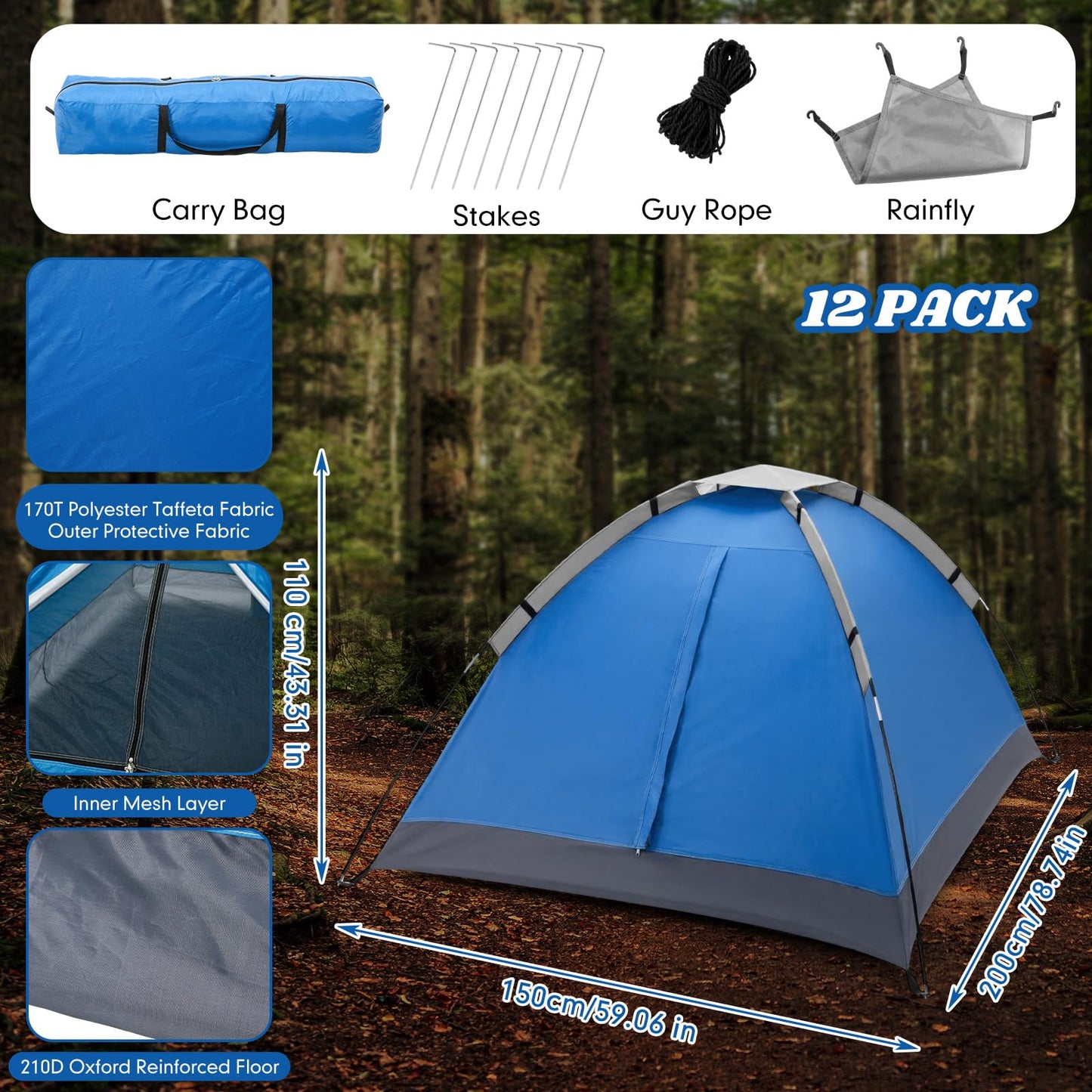 Woanger 12 Pack Bulk 2 Person Camping Tents for Homeless Lightweight Outdoor Tent with Rain Fly and Carrying Bag Waterproof Windproof Setup for Homeless Camping Backpacking(Blue)