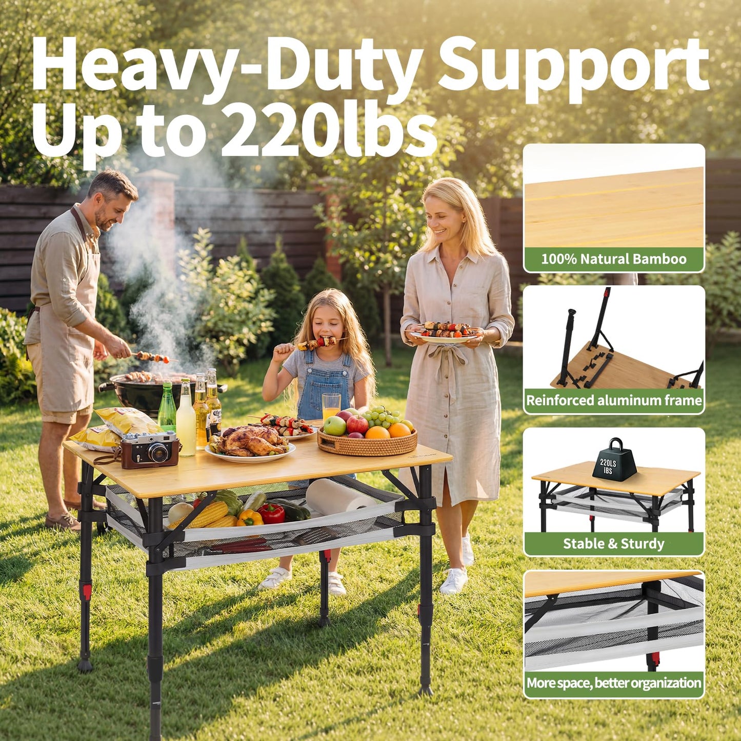 Join Nature 31.5'' Bamboo Folding Camping Table, Adjustable Height Folding Outdoor Table with Aluminum Frame & Mesh Storage, Portable Camp Table with Carry Bag for Camping, RV, Tailgating & Backyard