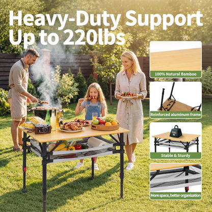 Join Nature 31.5'' Bamboo Folding Camping Table, Adjustable Height Folding Outdoor Table with Aluminum Frame & Mesh Storage, Portable Camp Table with Carry Bag for Camping, RV, Tailgating & Backyard