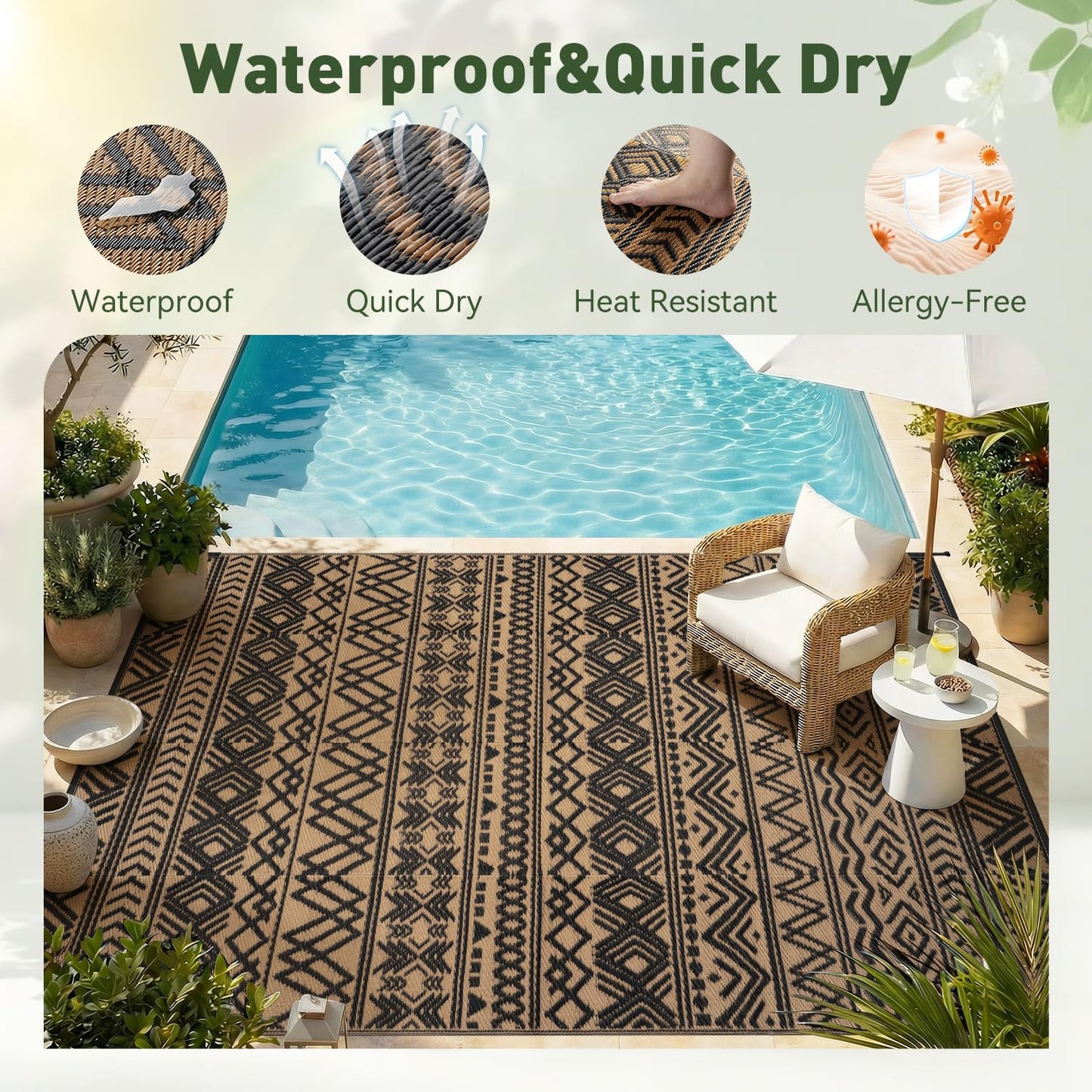 MontVoo Outdoor Rug Carpet Waterproof 9x12 Outdoor Patio Rug Mat Reverisble Plastic Straw Outdoor Rug for RV Camping Picnic Beach Balcony Boho Black Brown Large