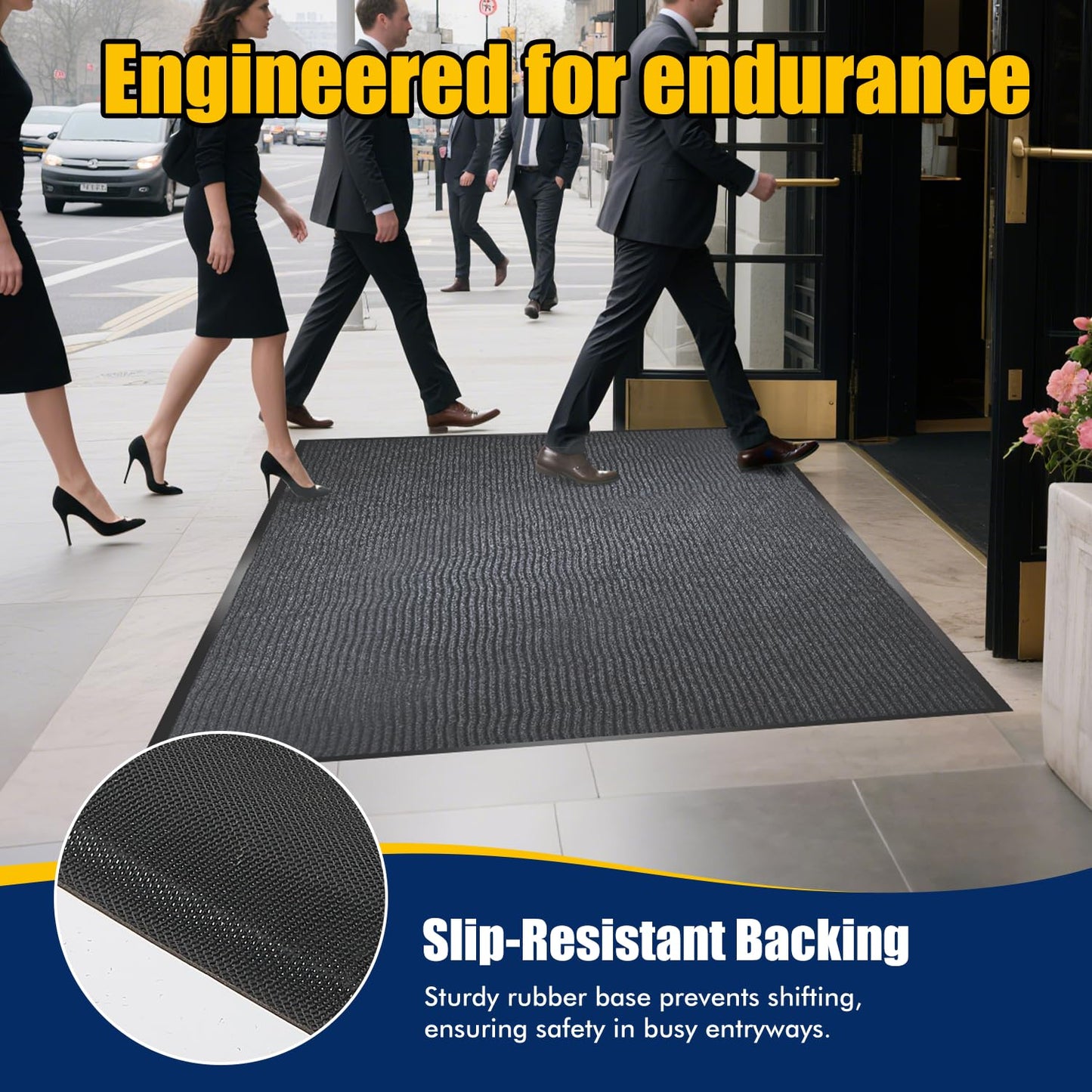 Extra Large Indoor/Outdoor Entrance Mat - 4 x 15 Feet, Rubber Border Door Mat Heavy Duty, Waterproof, Low-Profile, Easy to Clean, Rubber Entry Mat, Commercial Floor Mat, Charcoal Grey