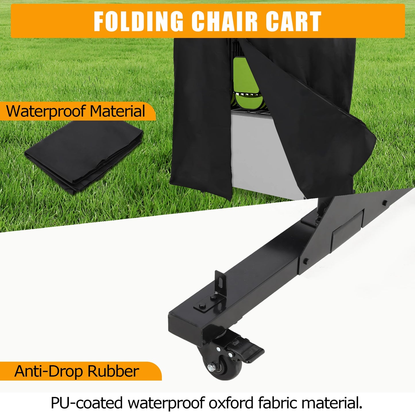 Folding Chair Cart Storage Rack on Wheels, Two-Tier 800Lbs Capacity Heavy Duty Adjustable Rolling Rack for 84 Chairs or 24 Tables, with Locking Wheels,Rain Cover,Elastic Cords Wheels, Straps, Black