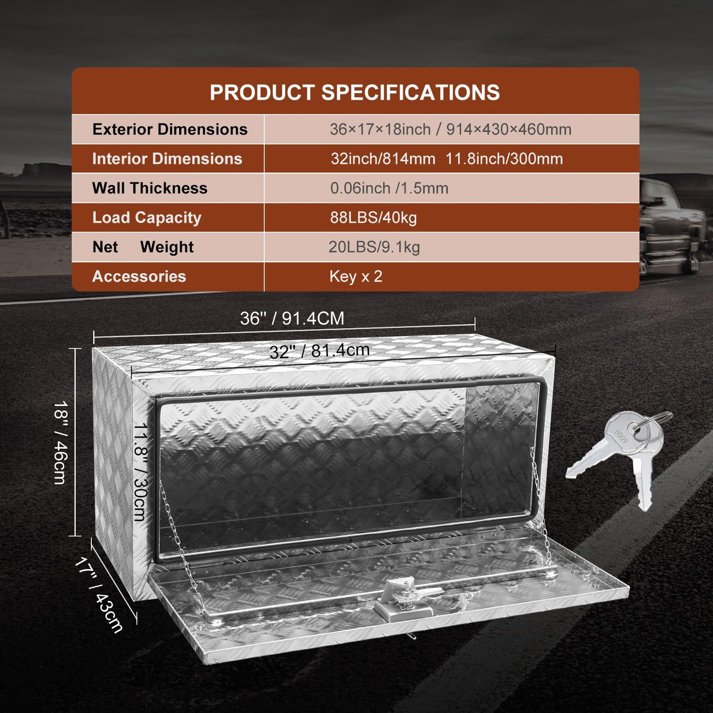 VEVOR Underbody Truck Box, 36"×17"×18" Pickup Storage Box, Heavy Duty Aluminum Diamond Plate Tool Box with Lock and Keys, Waterproof Trailer Storage Box with T-Handle Latch for Truck, Van, Trailer