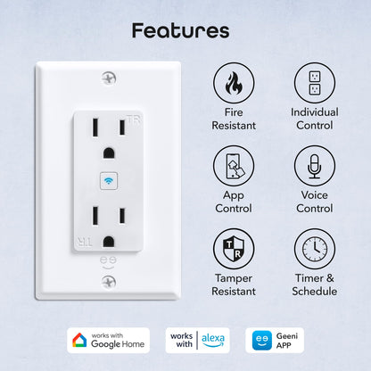 Geeni Smart WiFi in-Wall Outlet, White, 4 Pack – 2 Smart Outlets per Plug, Compatible with Alexa & Google Home, Tamper Resistant, Fire Resistant, App & Voice Control, Requires 2.4GHz WiFi