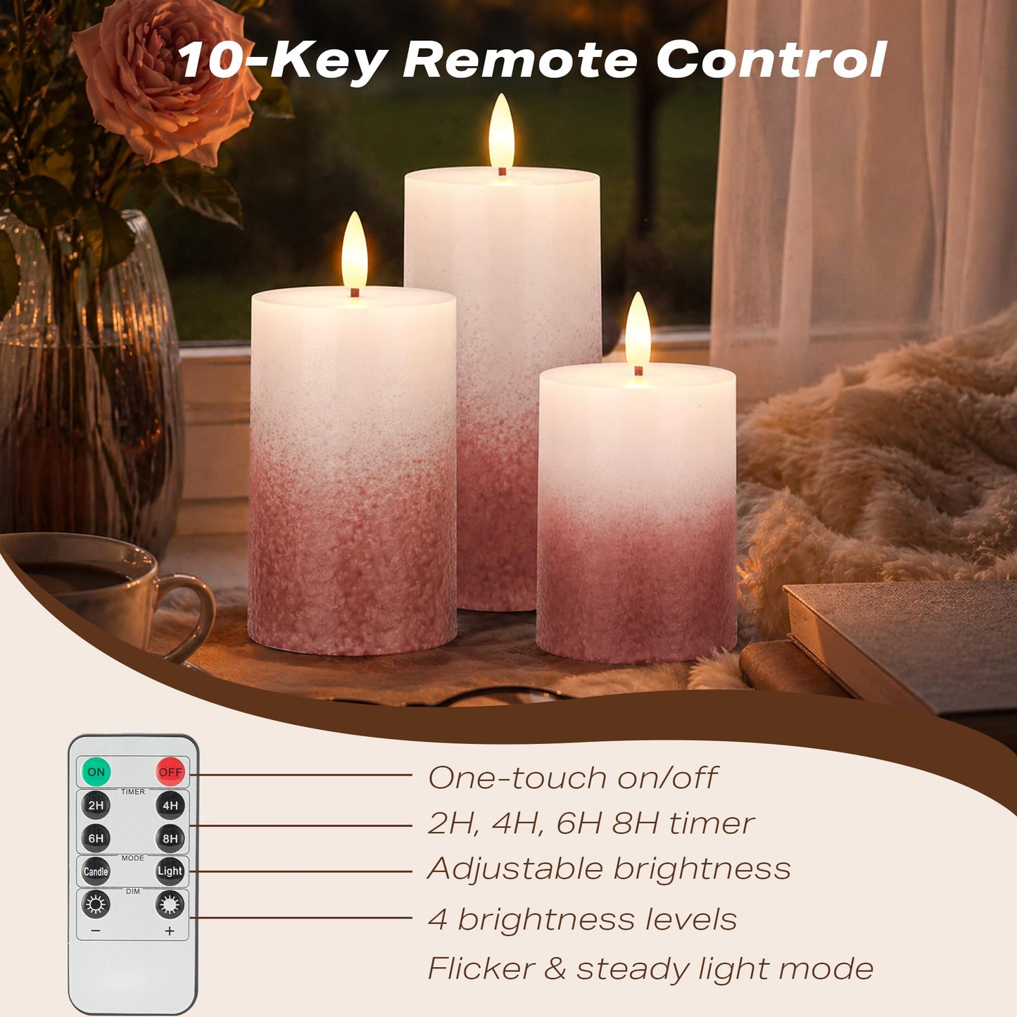 AFINETH Flameless Pillar Candles with Remote, Real Wax Flickering Battery Operated Candles, Brick Red Gradient LED Decorative Candles for Home Decor, Table, Fireplace Mantle, Set of 3