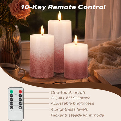 AFINETH Flameless Pillar Candles with Remote, Real Wax Flickering Battery Operated Candles, Brick Red Gradient LED Decorative Candles for Home Decor, Table, Fireplace Mantle, Set of 3