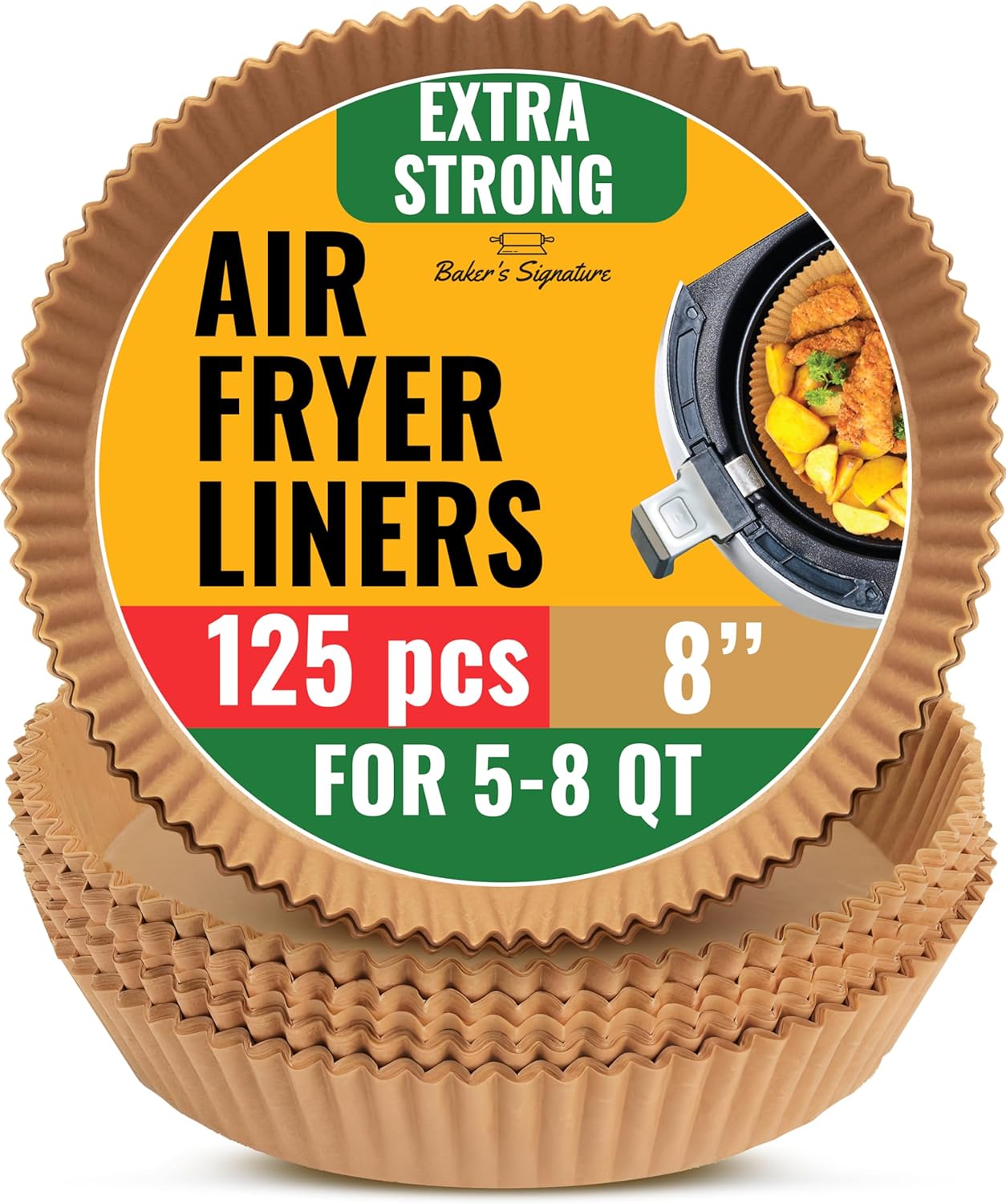 Baker's Signature Air Fryer Liners - 125 Pcs Round Disposable Non-Stick Paper | 8 Inch for 5-8 Qt Baskets