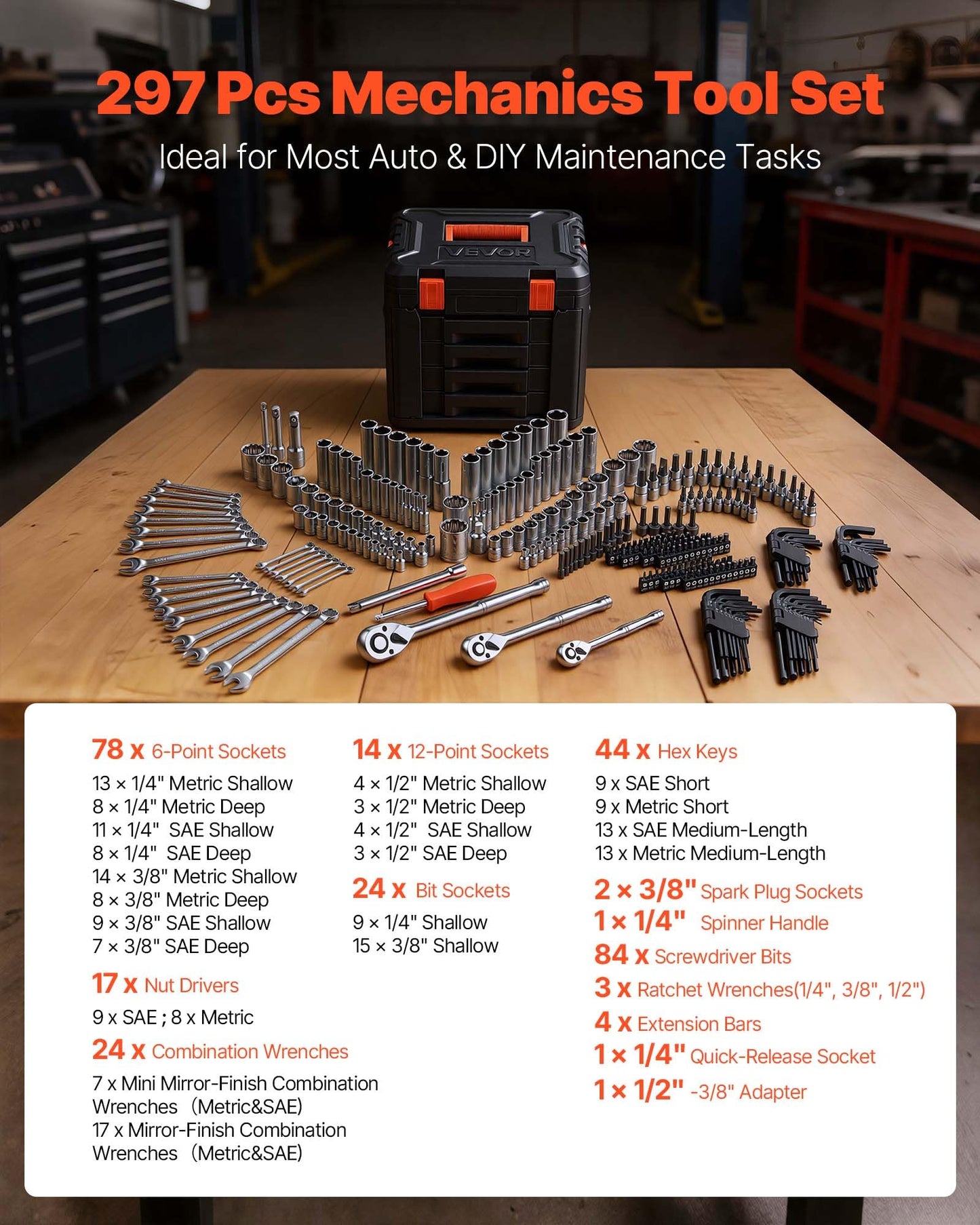 VEVOR Mechanics Tool Set, 297-Piece Mechanic Tool Kit, 1/4 in, 3/8 in, and 1/2 in Drive, SAE and Metric Socket Set, Wrenches, Screwdriver Bits, Accessories, and Storage Case, for Automotive Repair