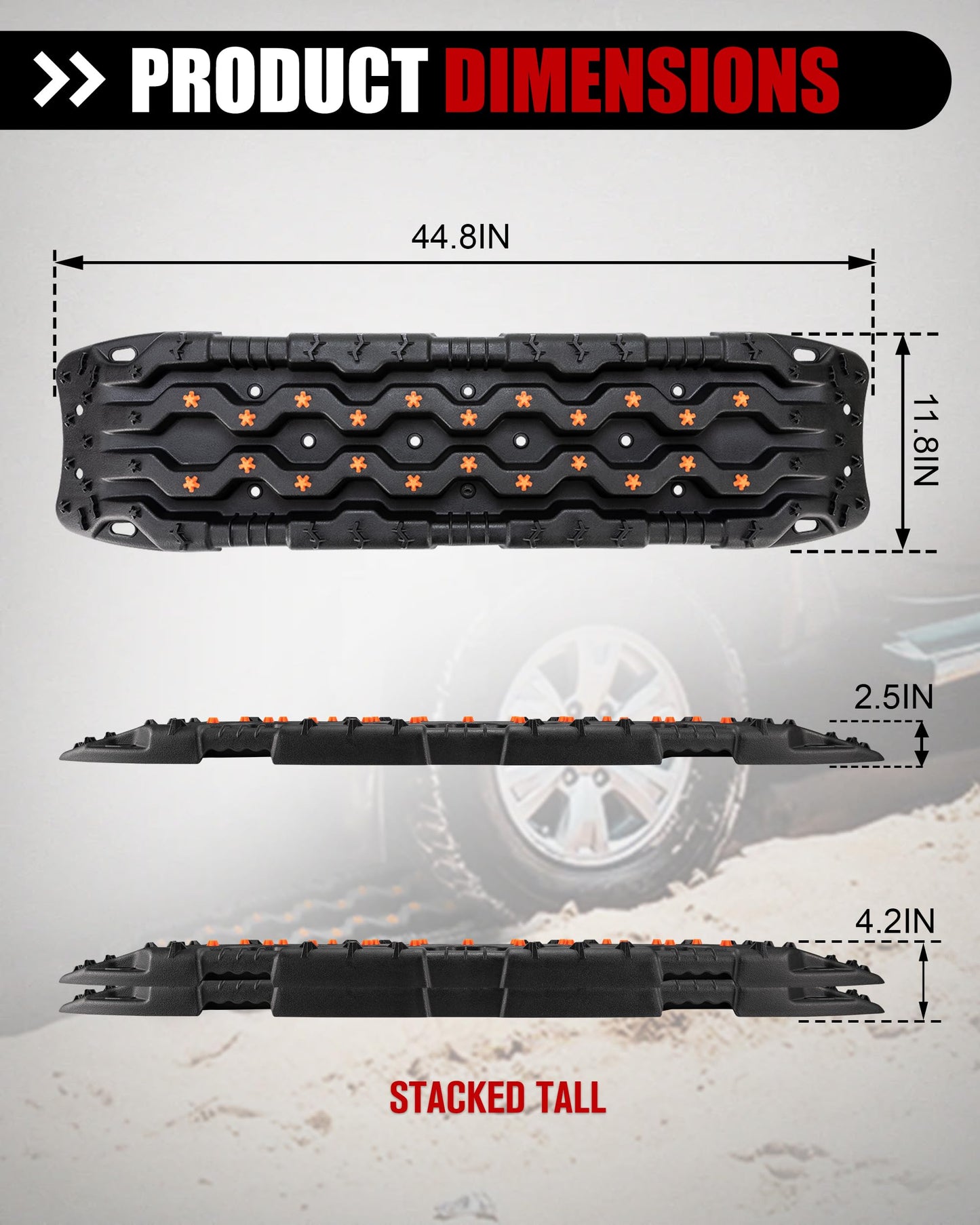 FIERYRED Large Off Road Traction Boards, Pair 44.88" L x 12" W Recovery Track Tire Traction Mat for Sand Mud Snow Vehicle Truck Jeep SUV, Traction Tracks, Black with Orange, GEN3
