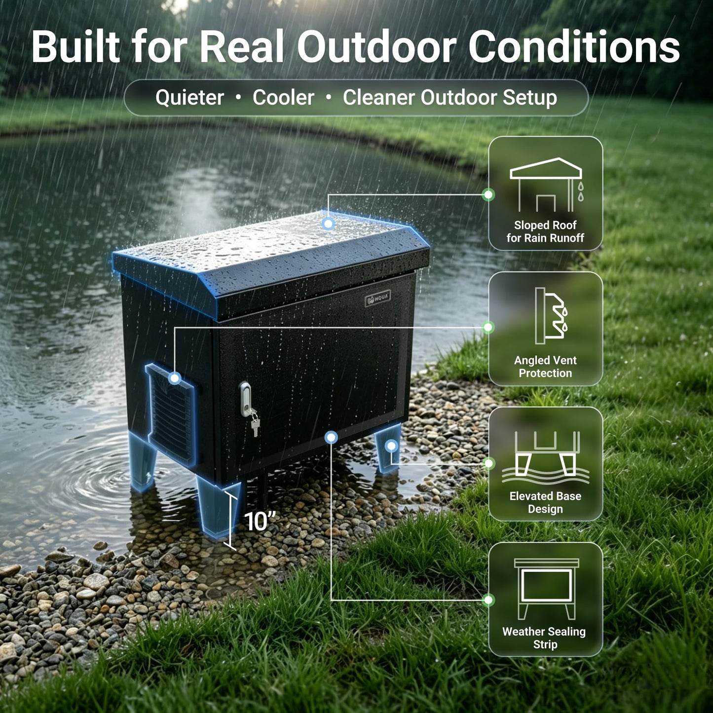 HQUA Pond Aerator Pump Cover Cabinet, Weatherproof Outdoor Protection System with Cooling Fan, Pre-Wired Outlet & 10 ft Power Cord, Galvanized Steel Enclosure 19”W × 14”D × 18.5”H
