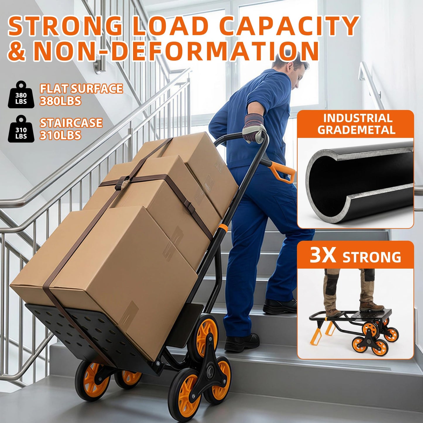 Heavy Duty Stair Climbing Dolly, 380lb Capacity Folding Hand Truck with 5.9” Tri-Wheel, Portable Stair Climber Cart for Moving Furniture Groceries Boxes Laundry, Back-Saving Tool for Apartment Home
