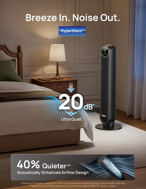 DREO Bladeless Tower Fan - Ultra Quiet 20dB with 8 Speeds & 90° Oscillation | High Velocity 28ft/s, Black