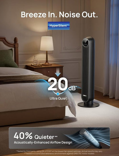 DREO Bladeless Tower Fan - Ultra Quiet 20dB with 8 Speeds & 90° Oscillation | High Velocity 28ft/s, Black