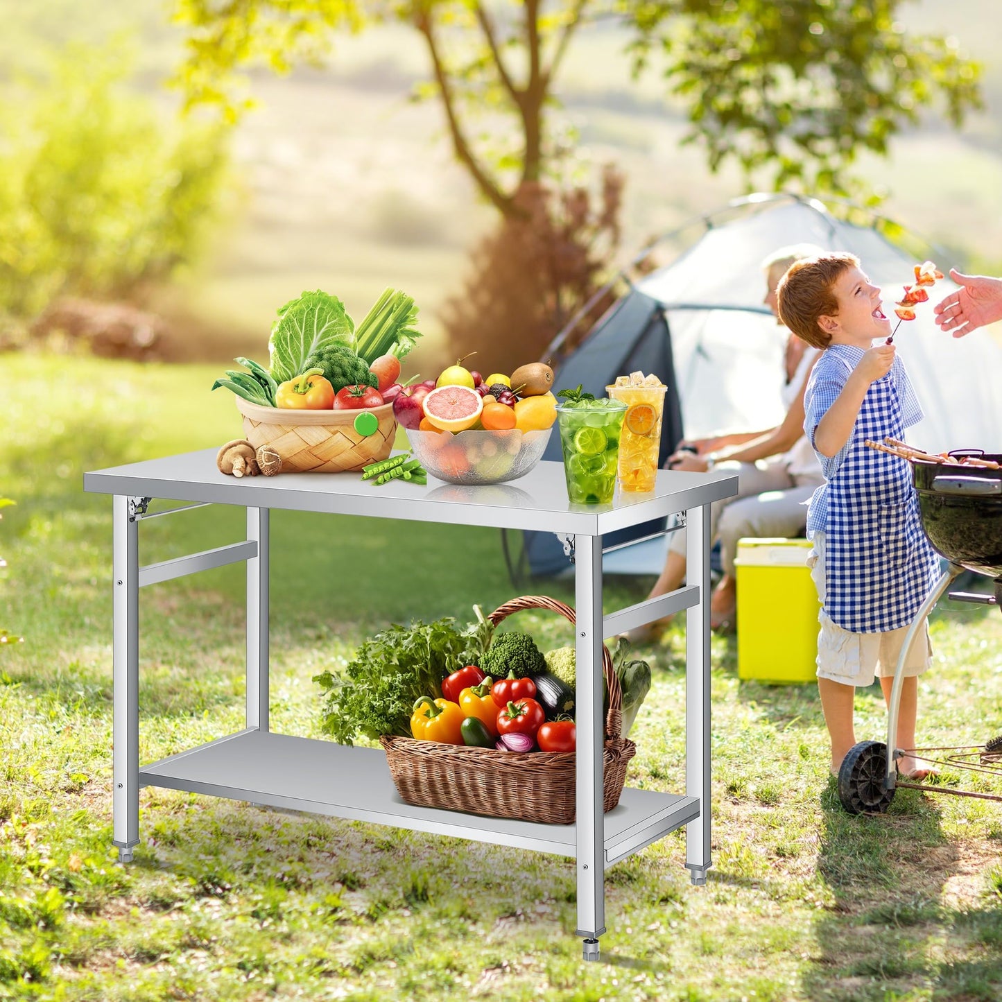 Stainless Steel Worktable 48x24 Inch, Folding Commercial Prep Table, 920 Lbs Load, Heavy-Duty Folding Table with Adjustable Undershelf & Feet, Double Tier Portable Workstation for Kitchen & Garage