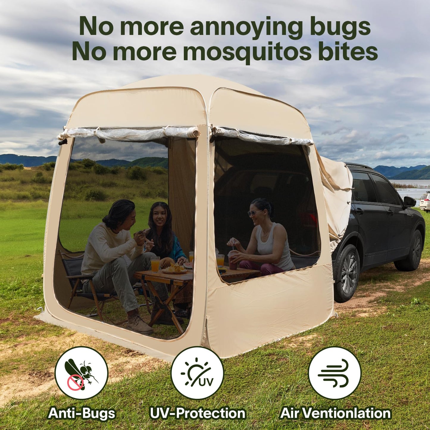 EighteenTek SUV Tent Attachment for Camping with Mesh Walls and PVC - 5 Person Car Cabana - All Weather Proof Pod Shelter Pop Up Clear View Tailgate Tent for Car SUV Van, 7’X7’X7.2’H
