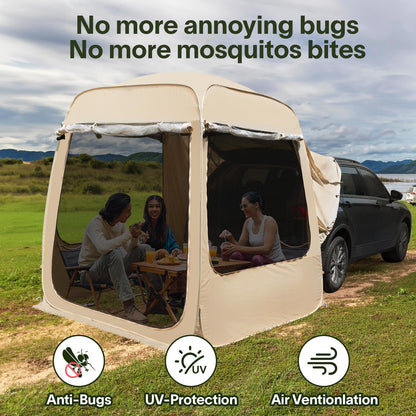 EighteenTek SUV Tent Attachment for Camping with Mesh Walls and PVC - 5 Person Car Cabana - All Weather Proof Pod Shelter Pop Up Clear View Tailgate Tent for Car SUV Van, 7’X7’X7.2’H