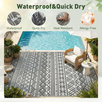 MontVoo Outdoor Rug Carpet Waterproof 10x14 Outdoor Patio Rug Mat Reverisble Plastic Straw Outdoor Rugs for RV Camping Picnic Beach Balcony Boho Grey Large