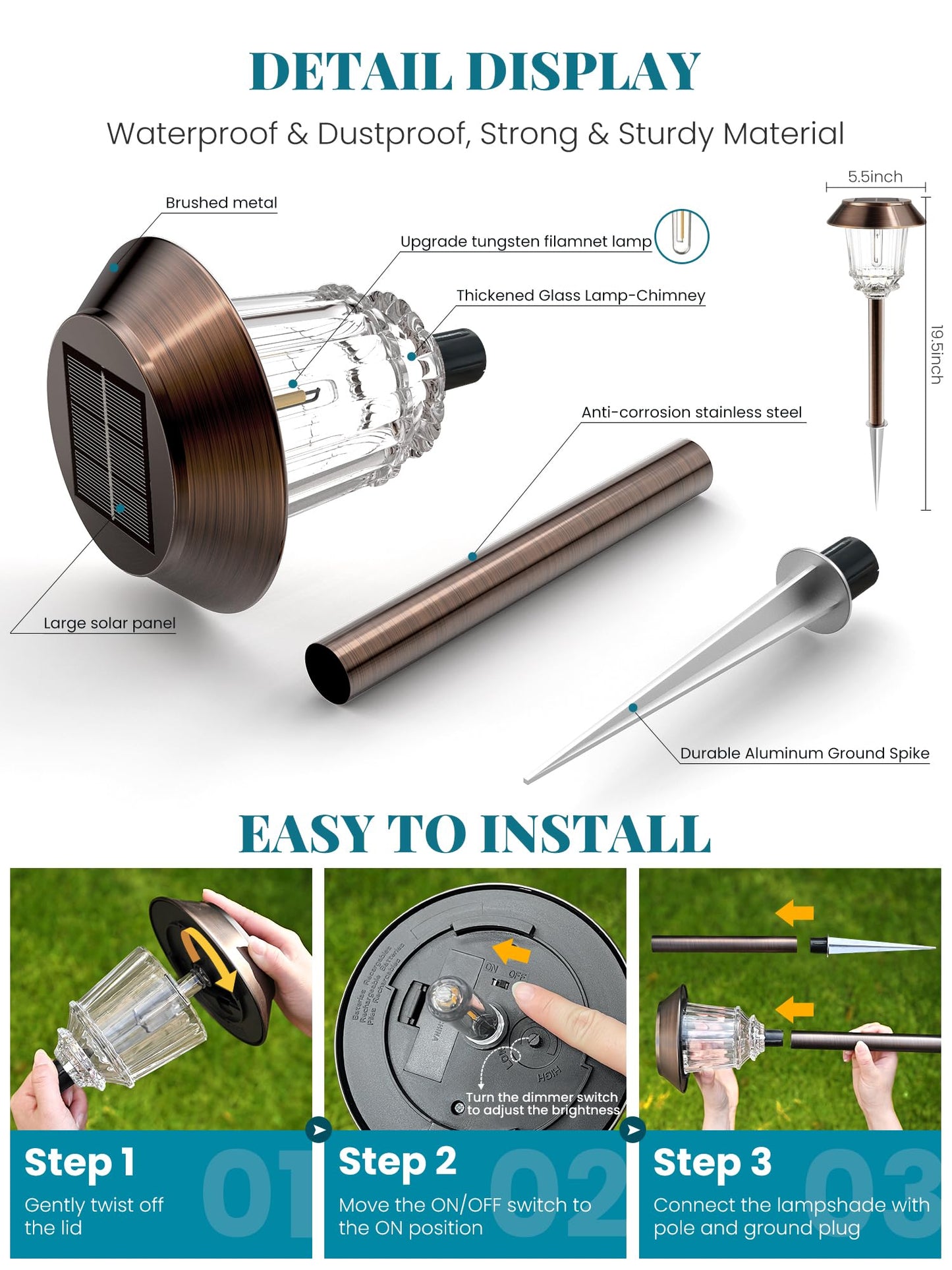 HMDecor Solar Lights Outdoor Waterproof,6 Pack Bronze Pathway Lights with 10-40 LM Dimmable Glass and Metal, Solar Powered Garden Fall Decor for Yard,Patio,Pathway,Driveway(Warm White)