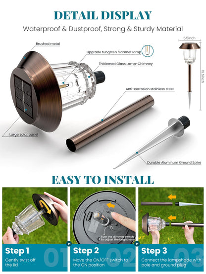 HMDecor Solar Lights Outdoor Waterproof,6 Pack Bronze Pathway Lights with 10-40 LM Dimmable Glass and Metal, Solar Powered Garden Fall Decor for Yard,Patio,Pathway,Driveway(Warm White)