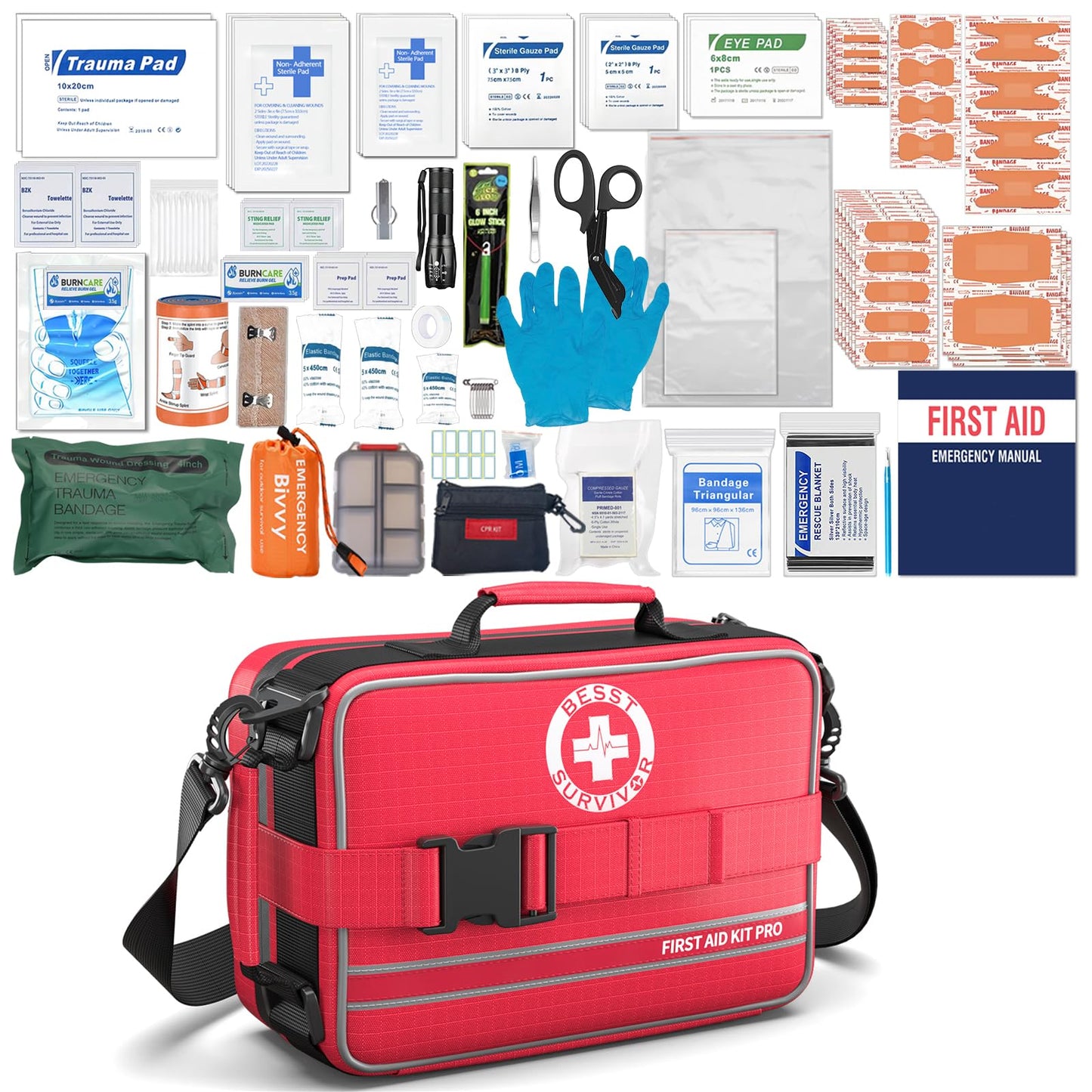 Besst Survivor Comprehensive First Aid Kits- Advanced Trauma Kits with Labeled Compartments, Large Emergencies Medical Kits for Car, Home, Camping and Outdoor Emergencies -324Piece Set